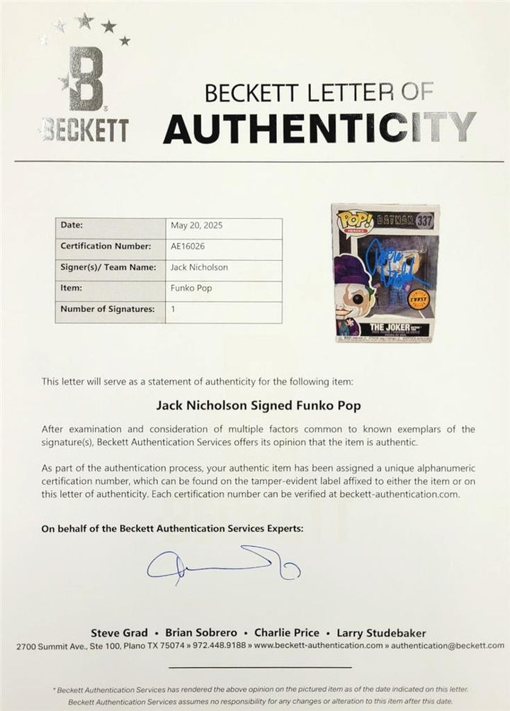 Jack Nicholson signed The Joker Chase Funko Pop! 337 autograph ~ Beckett BAS