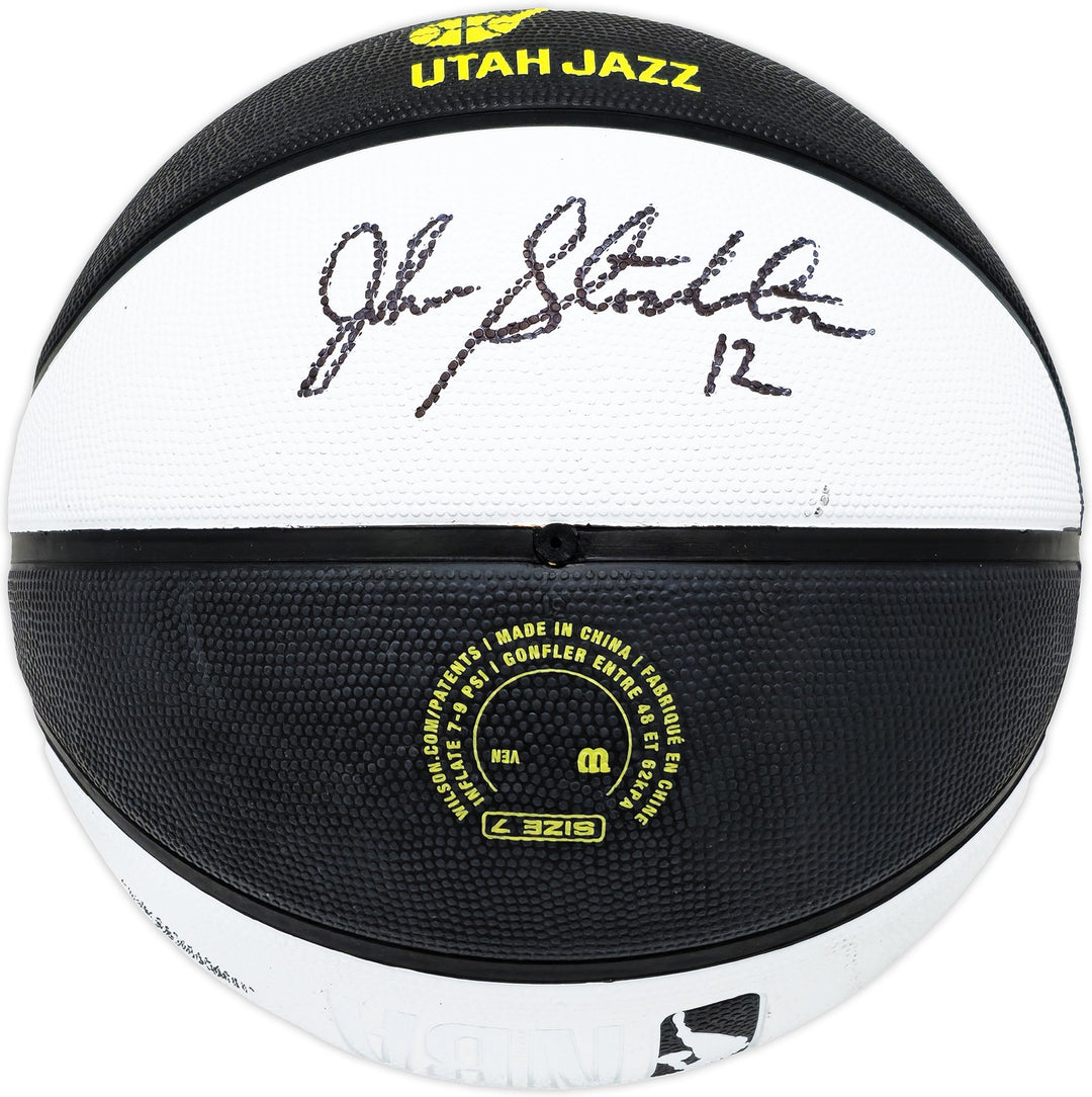 John Stockton Signed Black & White Team Tribute Jazz Logo Basketball Beckett Wit
