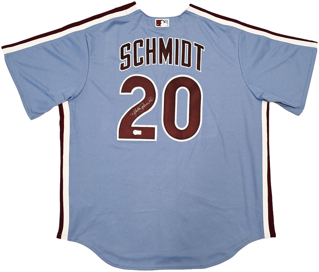 Phillies Mike Schmidt Signed Light Blue Throwback Nike Jersey Size XL Beckett