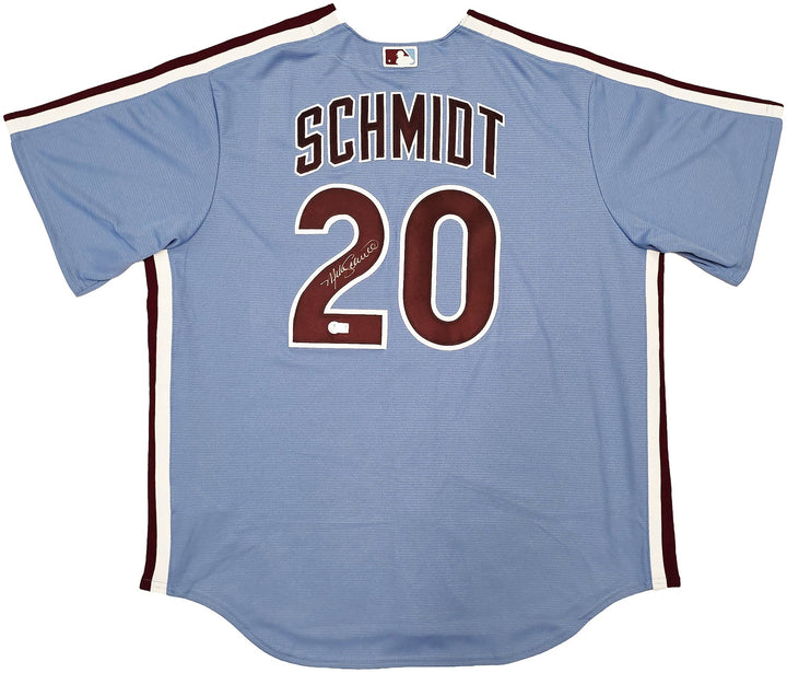 Phillies Mike Schmidt Signed Light Blue Throwback Nike Jersey Size XL Beckett
