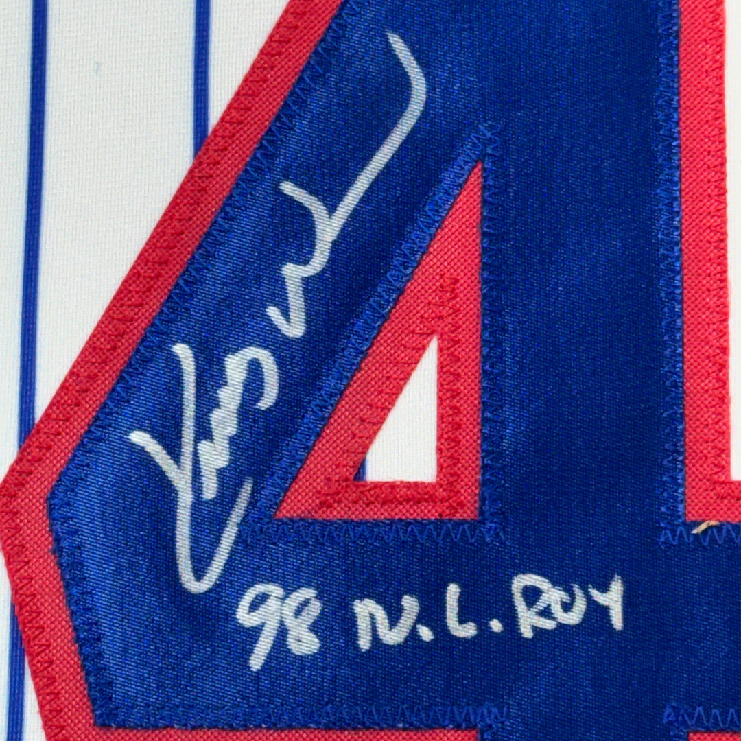 Framed Autographed/Signed Kerry Wood 98 ROY 35x39 Pinstripe Jersey Beckett COA
