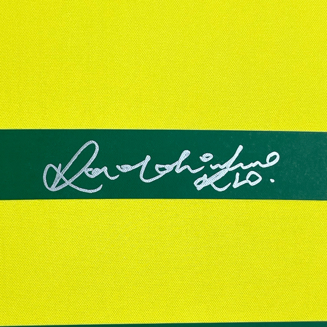 Framed Autographed/Signed Ronaldinho 33x42 Brazil Yellow Jersey Beckett BAS COA