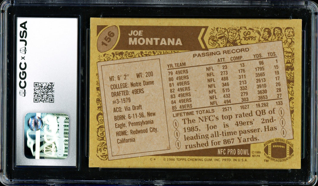 Joe Montana Signed 1986 Topps Card 156 San Francisco 49ers Auto GM 10 CGC x JSA