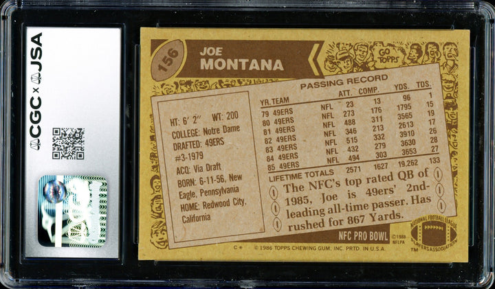 Joe Montana Signed 1986 Topps Card 156 San Francisco 49ers Auto GM 10 CGC x JSA