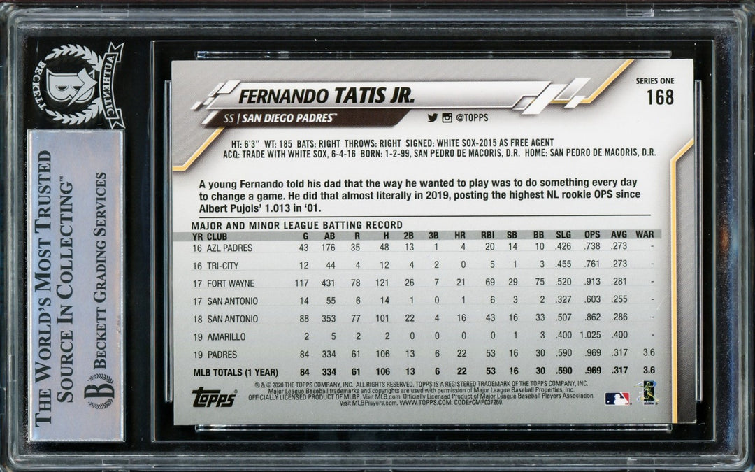 Fernando Tatis Jr. Signed 2020 Topps Card #168 San Diego Padres Beckett
