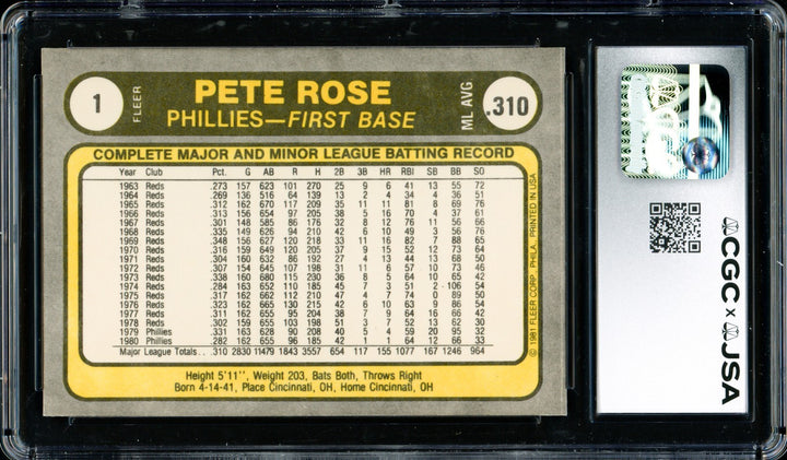 Pete Rose Signed 1981 Fleer Card 1 Phillies Card 8.5 CGC x JSA