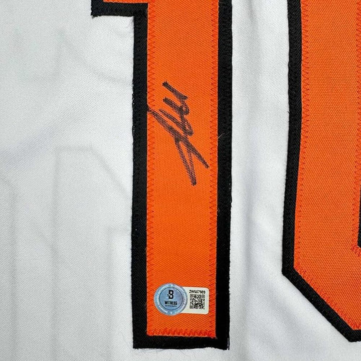 Framed Autographed/Signed Miguel Tejada 35x39 Baltimore White Jersey Beckett COA