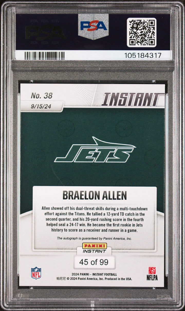 Graded 2024 Panini Instant Braelon Allen #38 Auto /99 Football Card PSA 9 Auto