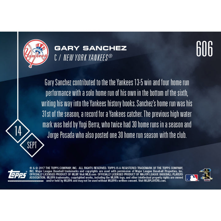 GARY SANCHEZ 31st HR SETS NY YANKEES CATCHER RECORD TOPPS NOW CARD #606 BREWERS