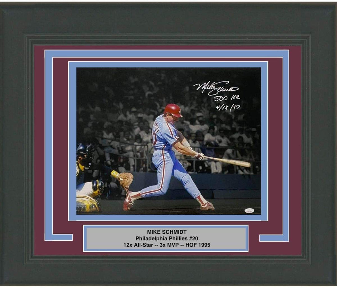 FRAMED Autographed/Signed MIKE SCHMIDT 500th HR Inscription 16x20 Photo JSA COA