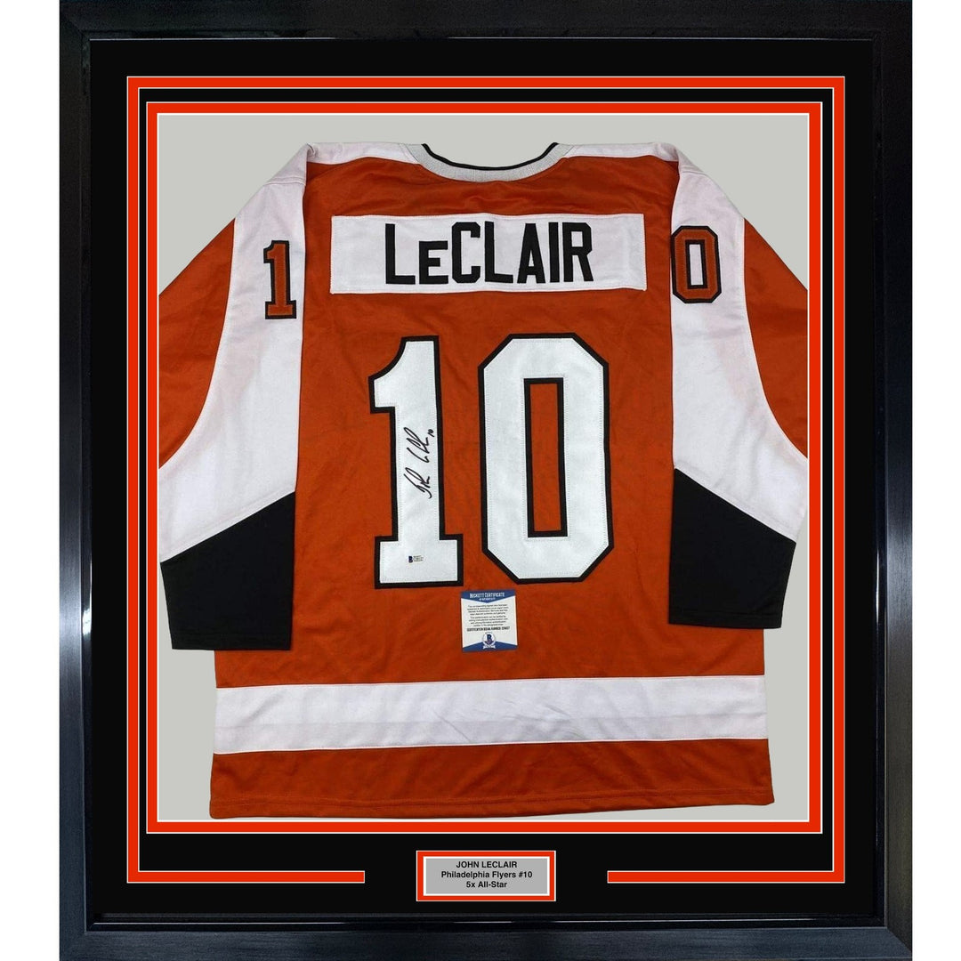 Framed Autographed/Signed John LeClair 35x39 Orange Jersey Beckett BAS COA