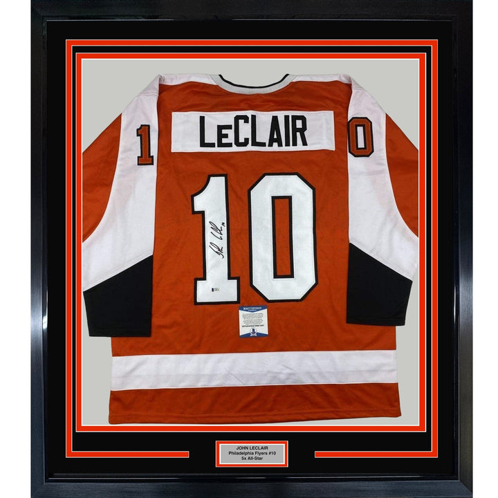 Framed Autographed/Signed John LeClair 35x39 Orange Jersey Beckett BAS COA