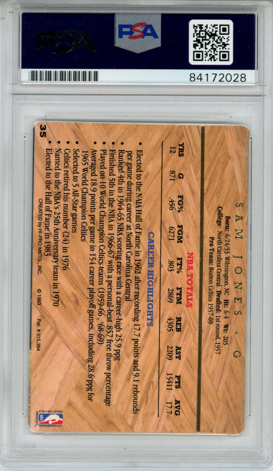 Sam Jones Autographed 1993 Action Packed #35 Trading Card PSA Slab 43808