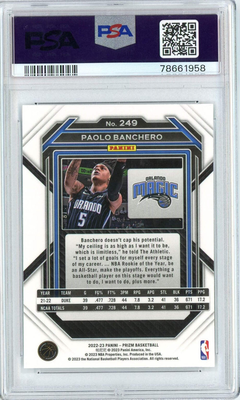 Graded 2022 Panini Prizm Paolo Banchero #249 Rookie RC Basketball Card PSA 10