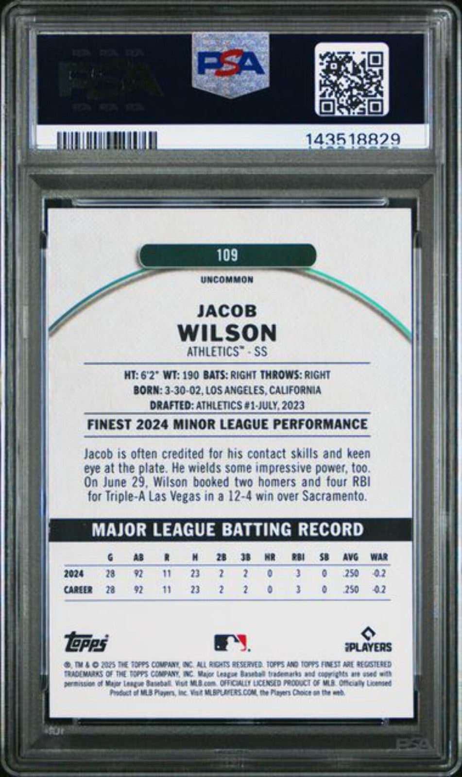 Graded 2025 Topps Finest Jacob Wilson #109 Rookie RC Baseball Card PSA 10 Mint