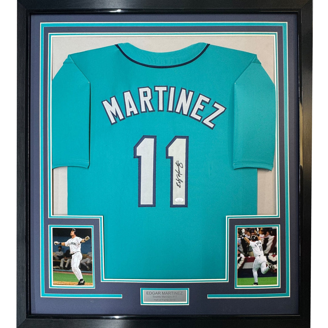 Framed Autographed/Signed Edgar Martinez 35x39 Seattle Teal Jersey JSA COA