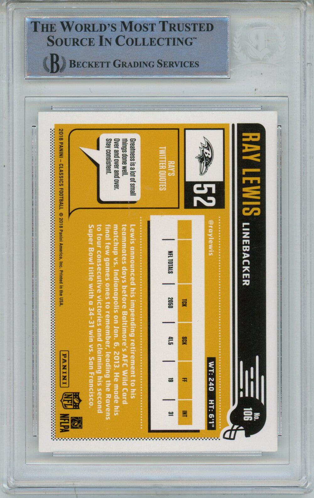 Ray Lewis Autographed 2018 Panini Classics #106 Trading Card Beckett Slab 37450