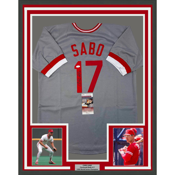 Framed Autographed/Signed Chris Sabo 33x42 Cincinnati Grey Jersey JSA COA