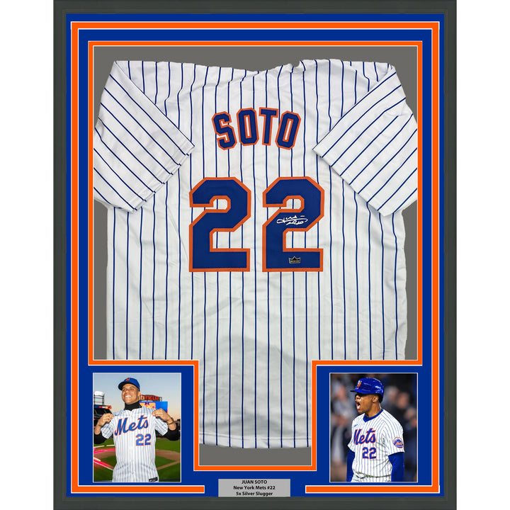 Framed Facsimile Autographed Juan Soto 35x39 New York Pinstripe Reprint Jersey