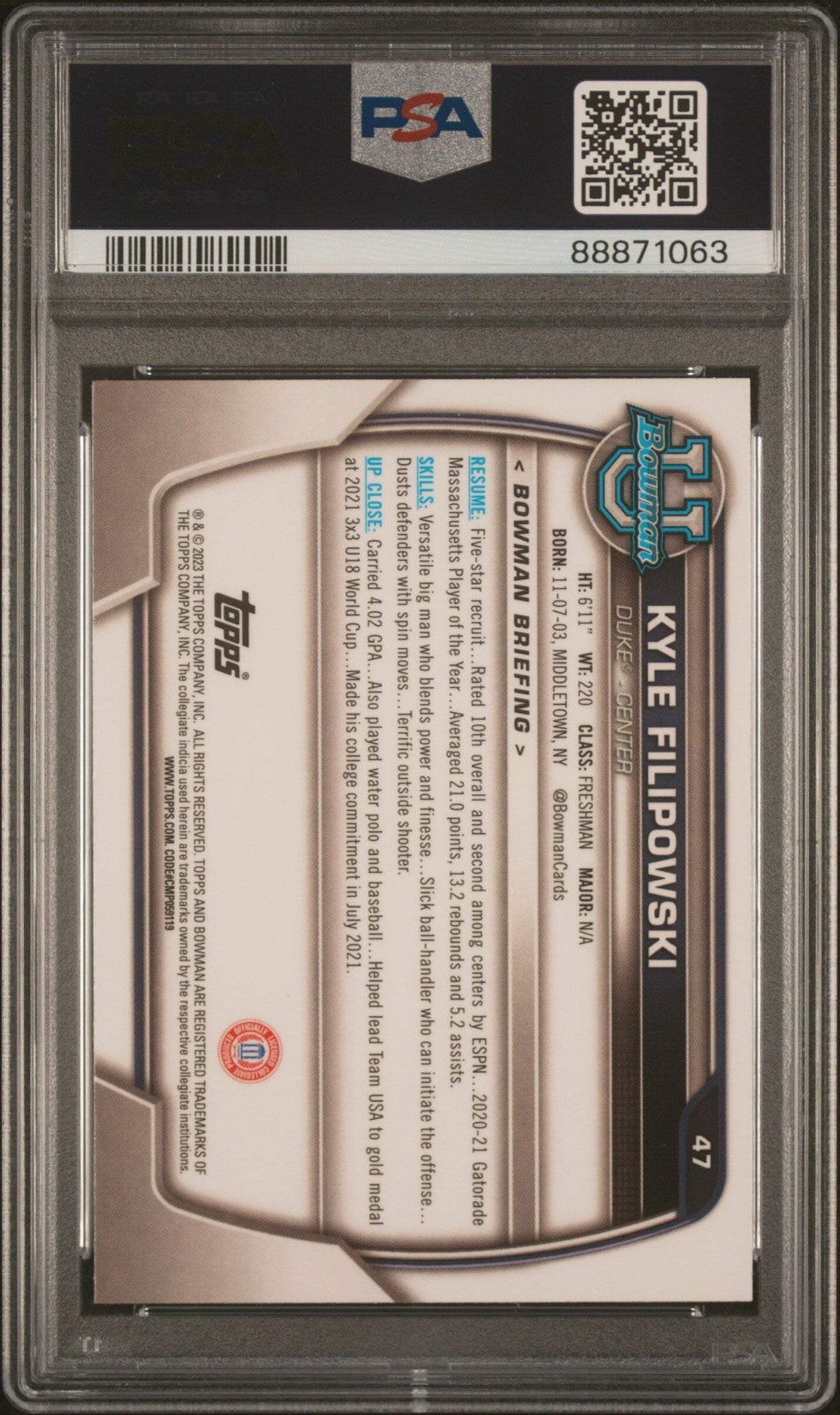 Graded 2022 Topps Bowman Uni Kyle Filipowski #47 RC Basketball Card PSA 10