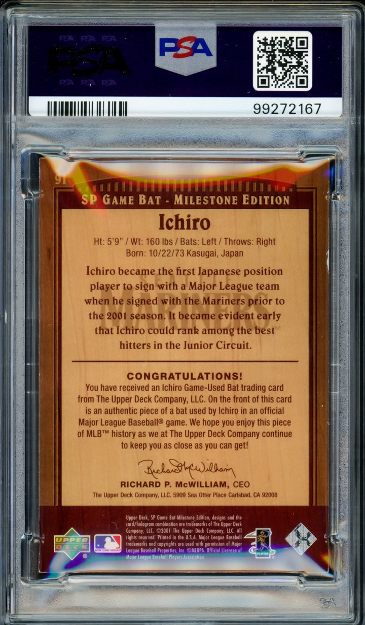 Ichiro Suzuki Auto 2001 Upper Deck SP RC 91 Sig 10 ROY/MVP GU Bat #/500 PSA/DNA