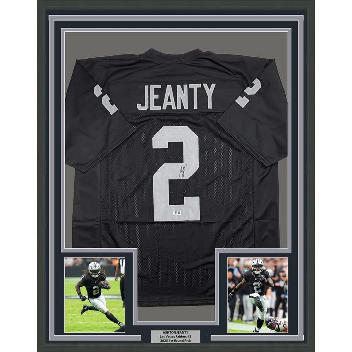 Framed Autographed/Signed Ashton Jeanty 35x39 Oakland Black Jersey BAS COA