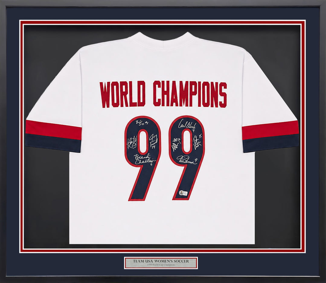1999 USA Women's Soccer WC Champs Signed Framed White Jersey 8 Sigs BAS Witness
