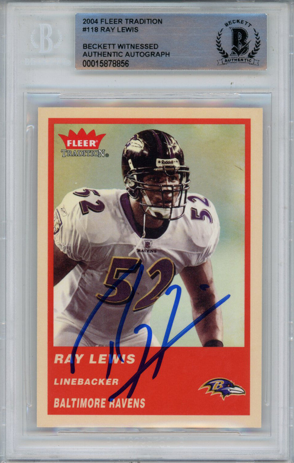 Ray Lewis Autographed 2004 Fleer Tradition #118 Trading Card Beckett Slab 43359
