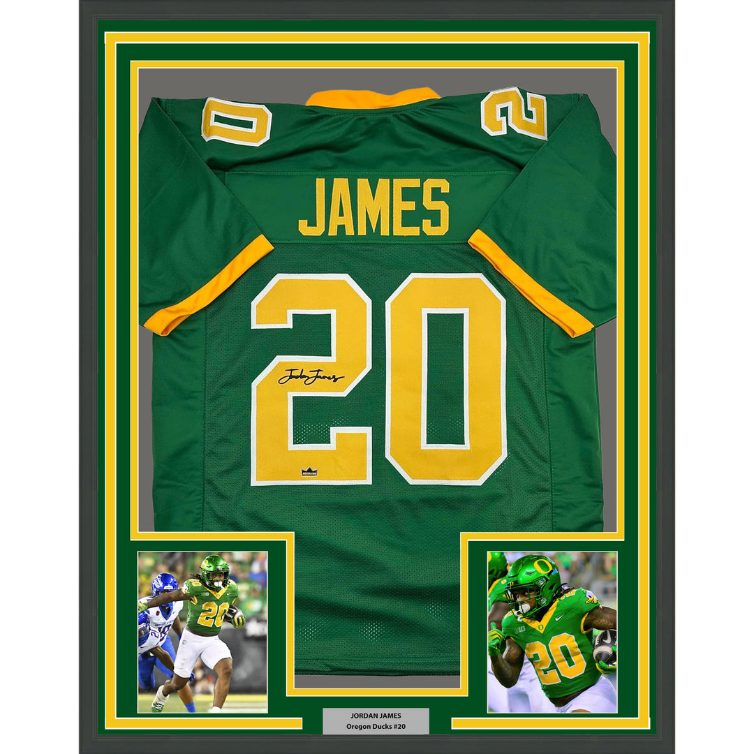 Framed Facsimile Autographed Jordan James 35x39 Green Reprint Laser Auto Jersey