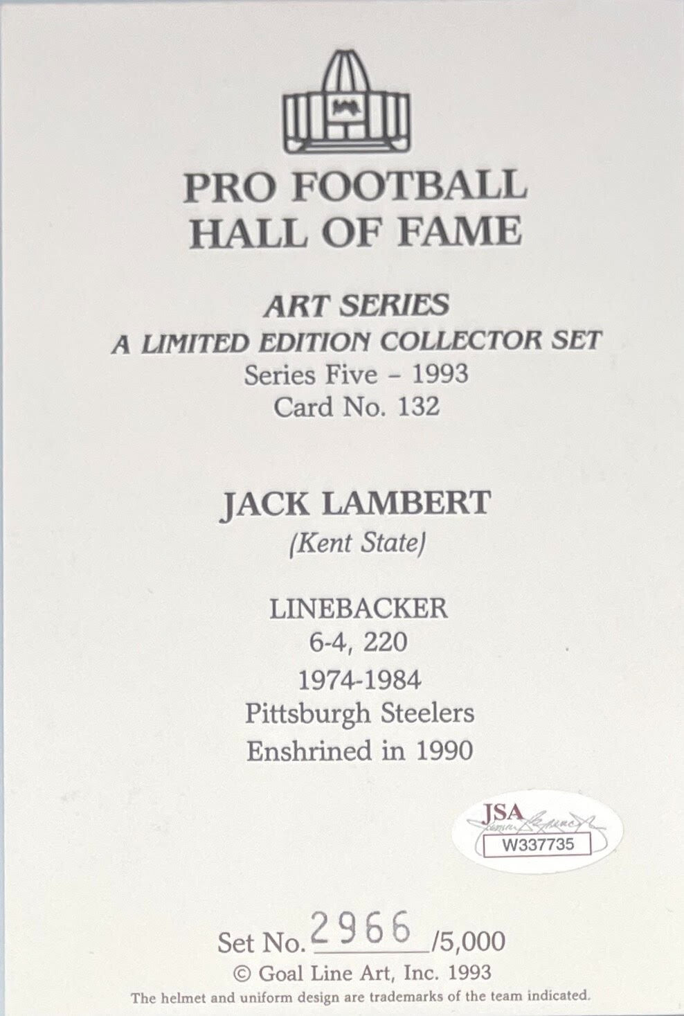 Jack Lambert Signed Pittsburgh Steelers Goal Line Art Card Blue HOF JSA 21424