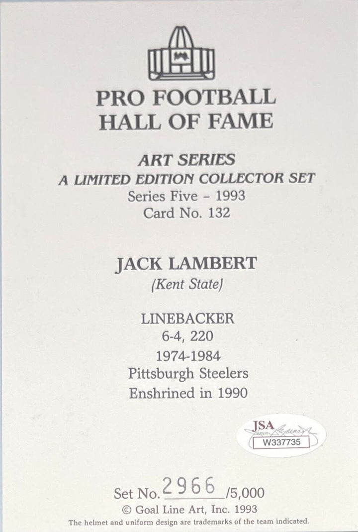 Jack Lambert Signed Pittsburgh Steelers Goal Line Art Card Blue HOF JSA 21424