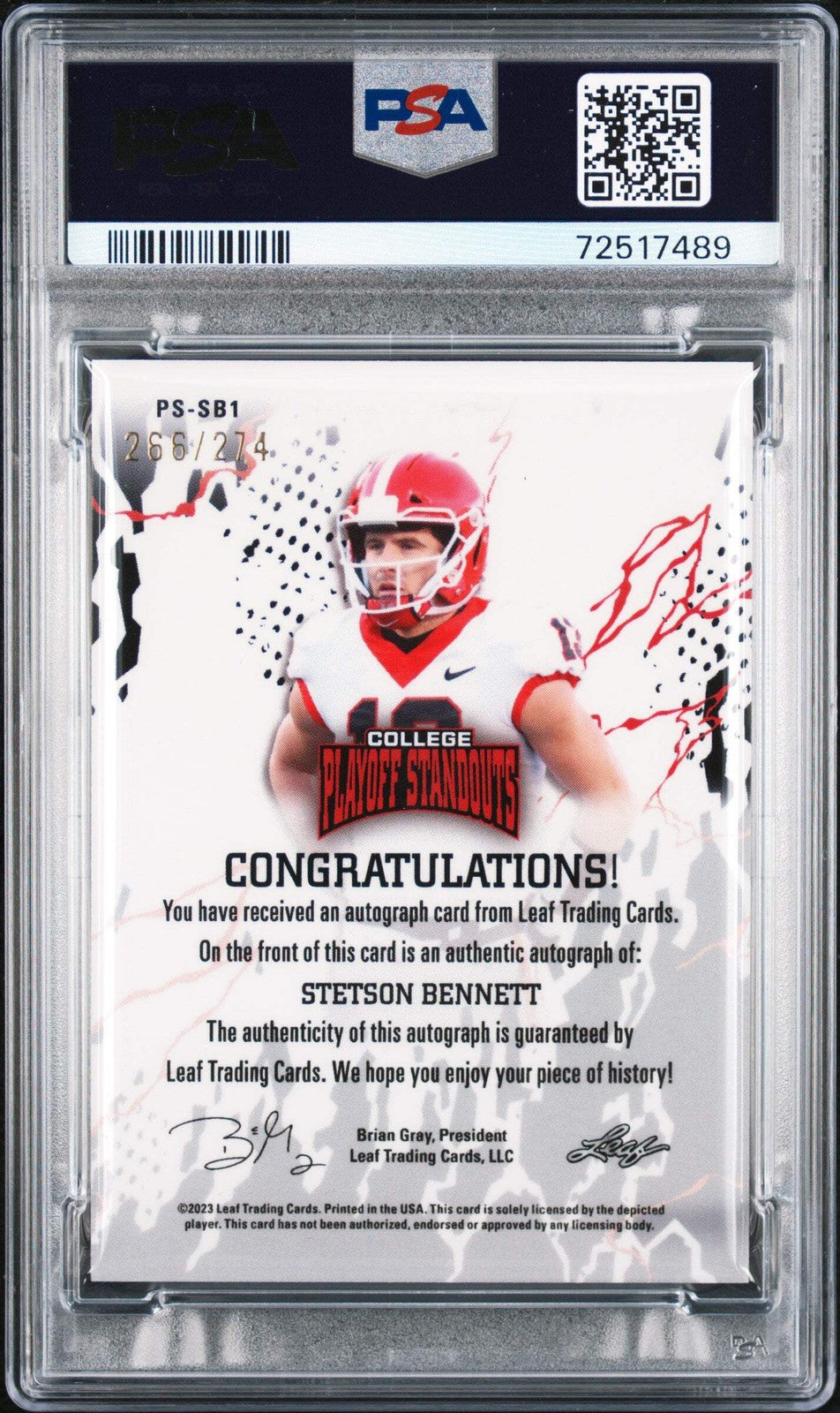 Graded 2023 Leaf Stetson Bennett #SB1 #/274 Rookie Card PSA/DNA 10 Auto Grade 10