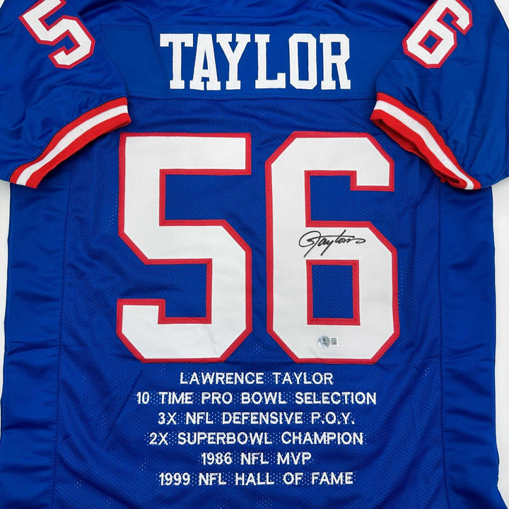 Autographed/Signed Lawrence Taylor New York Blue Stat Jersey Beckett COA