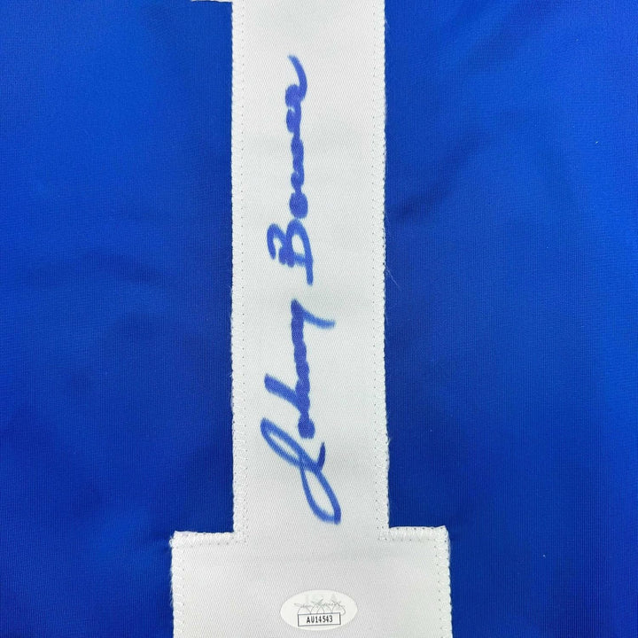 Framed Autographed/Signed Johnny Bower 35x39 Toronto Blue Jersey JSA COA