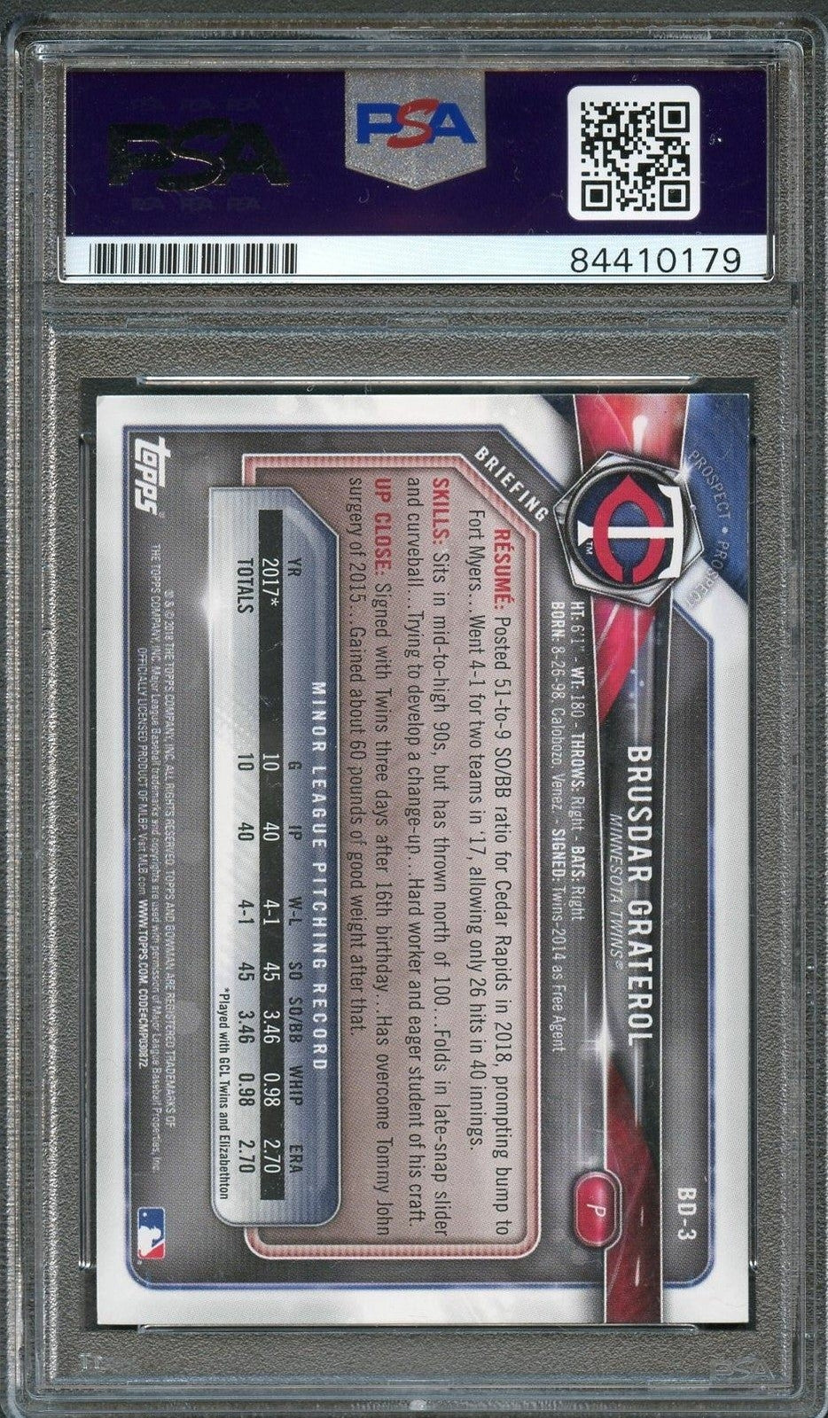 2018 Bowman Draft #BD-3 Brusdar Graterol Signed Card PSA Auto Grade 10 Slabbed A