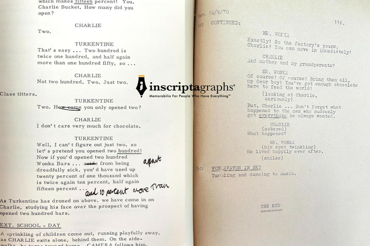 Paris Themmen's 1971 Willy Wonka Actual Movie Used Script for Mike TV COA Prop
