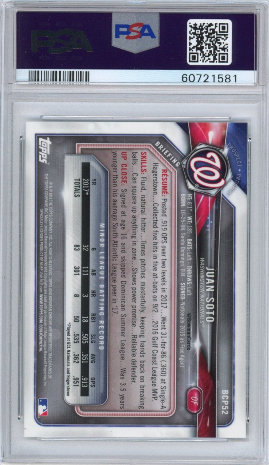Graded 2018 Bowman Propspects Chrome Juan Soto #BCP52 Rookie RC Card PSA 10
