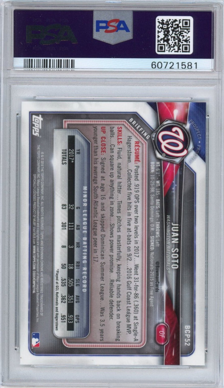 Graded 2018 Bowman Propspects Chrome Juan Soto #BCP52 Rookie RC Card PSA 10