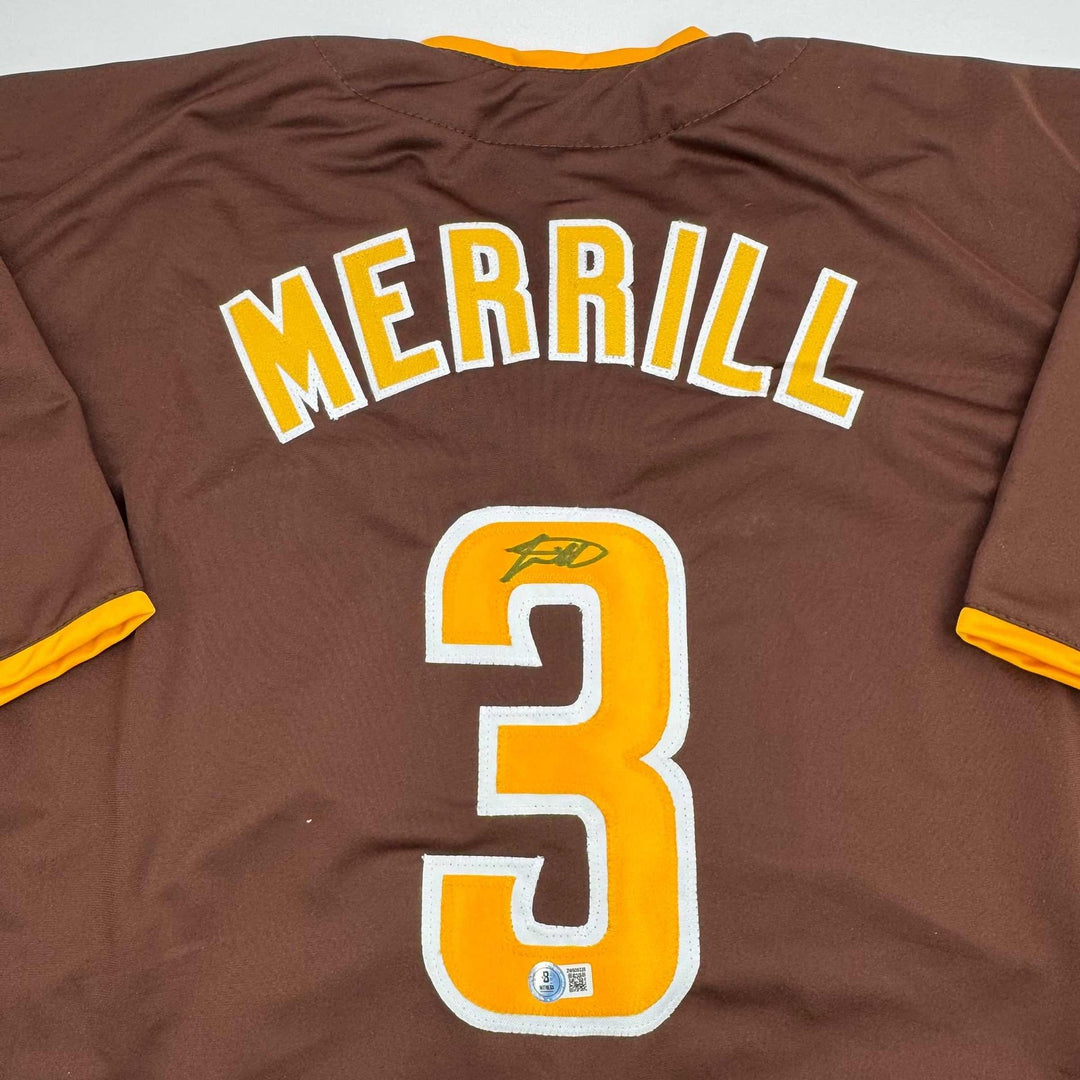 Autographed/Signed Jackson Merrill San Diego Brown Jersey Beckett COA