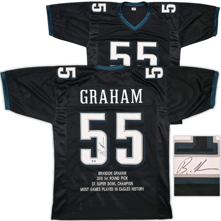 Eagles Brandon Graham Auto Signed Black Super Bowl Stats Jersey Beckett Witness