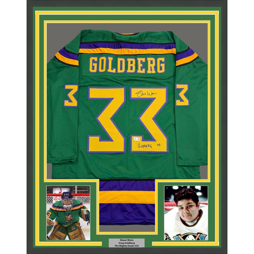 Framed Signed Shaun Weiss Goldberg 35x39 Mighty Ducks Jersey COA