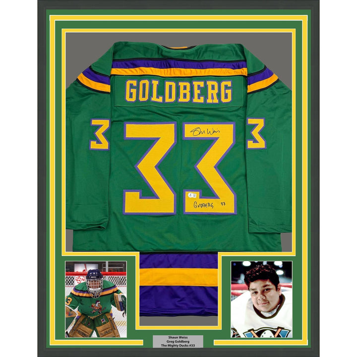 Framed Signed Shaun Weiss Goldberg 35x39 Mighty Ducks Jersey COA