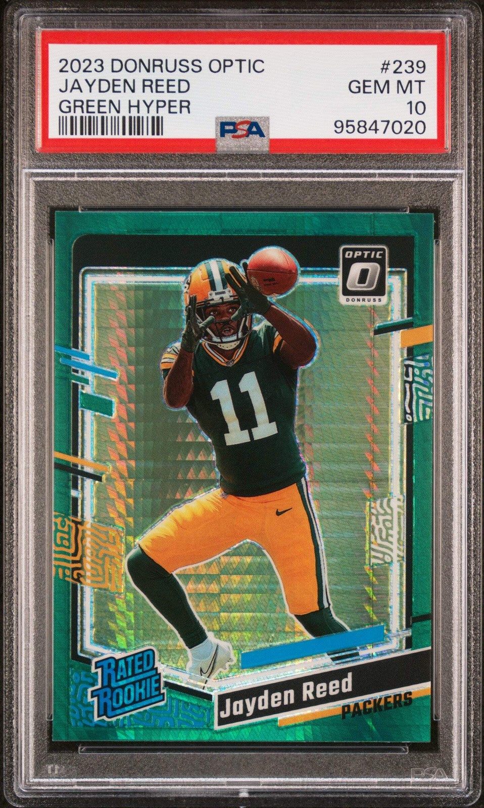 Graded 2023 Panini Donruss Optic Jayden Reed #239 Green Hyper Rookie Card PSA 10