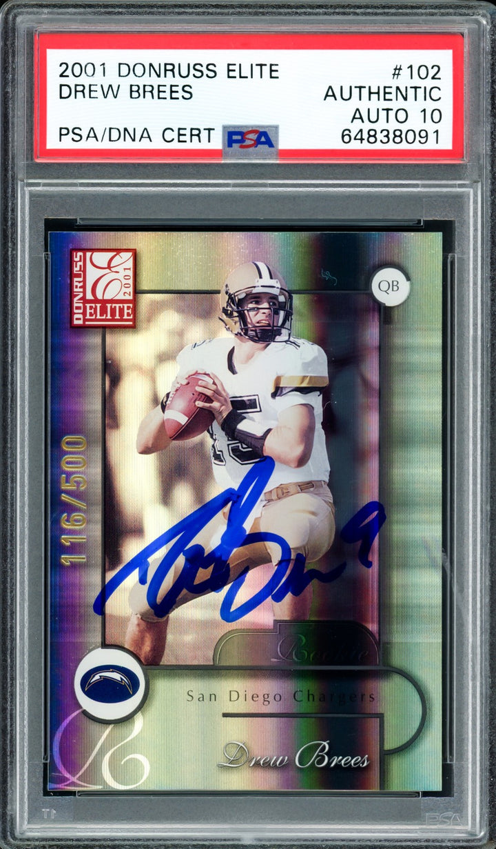 Drew Brees Signed 2001 Donruss Elite RC 102 Saints Auto 10 #116/500 PSA/DNA