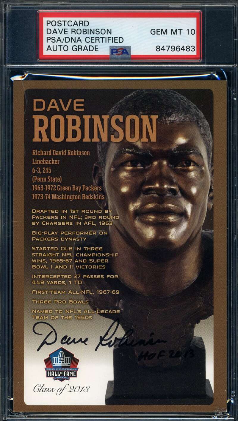 Dave Robinson Gem Mint 10 PSA DNA Signed HOF Bronze Bust Postcard Autograph