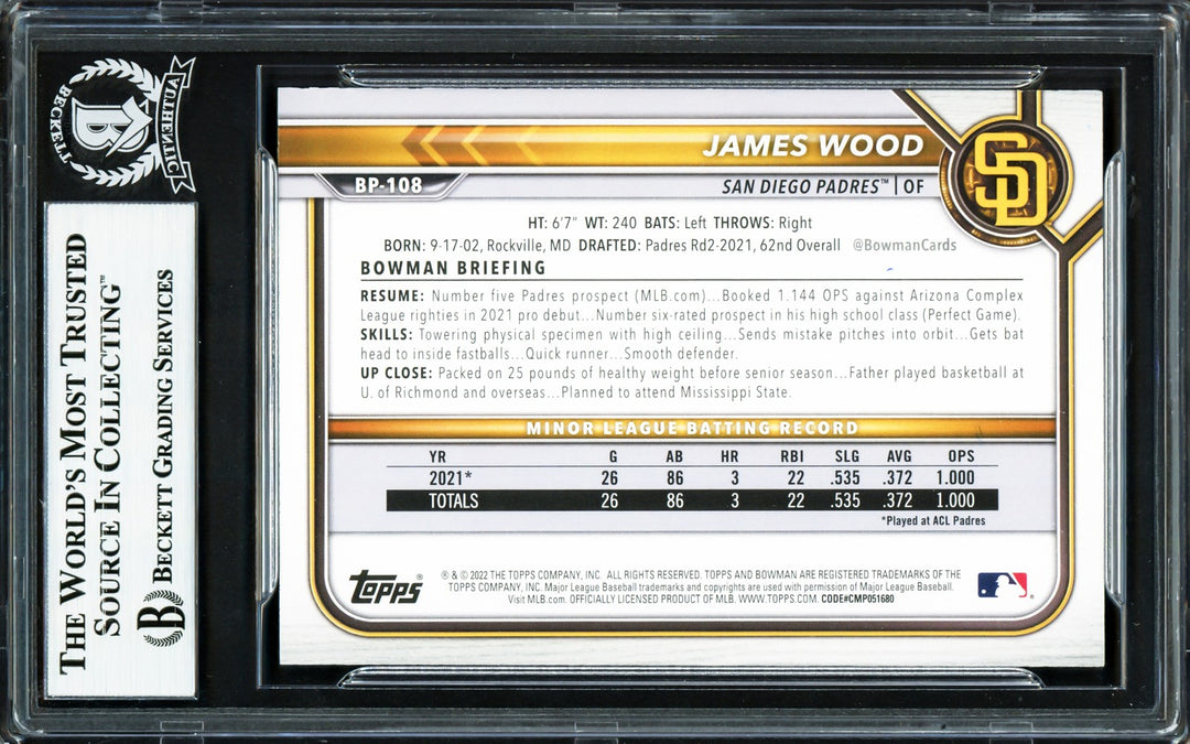 James Wood Signed 2022 1st Bowman Prospects RC BP108 Nationals Beckett