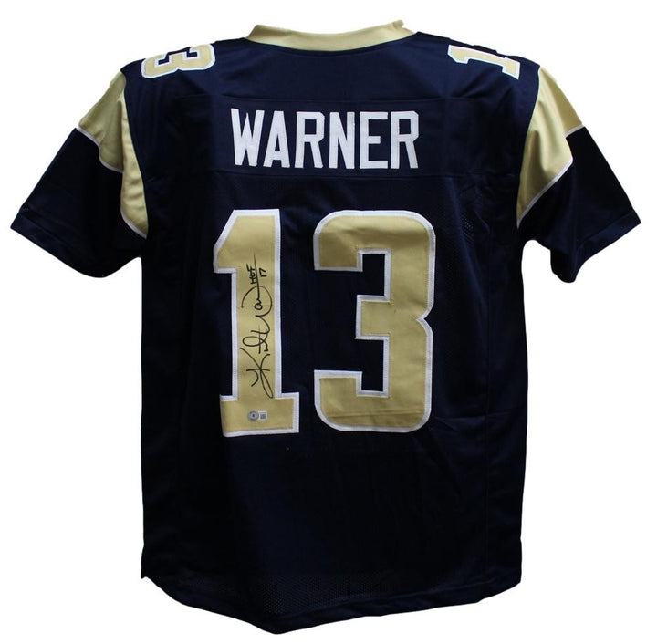 Kurt Warner Autographed/Signed Pro Style TB Blue XL Jersey HOF Beckett BAS 34234
