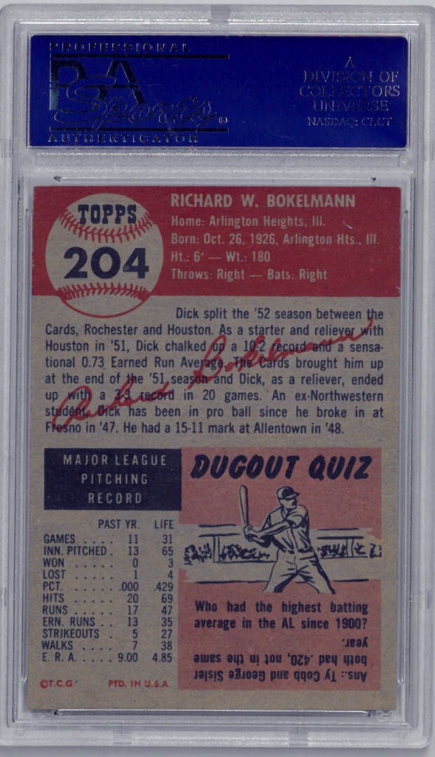 Dick Bokelmann 1953 Topps Baseball Card #204- PSA Graded 6 EX-MT (Cardinals)