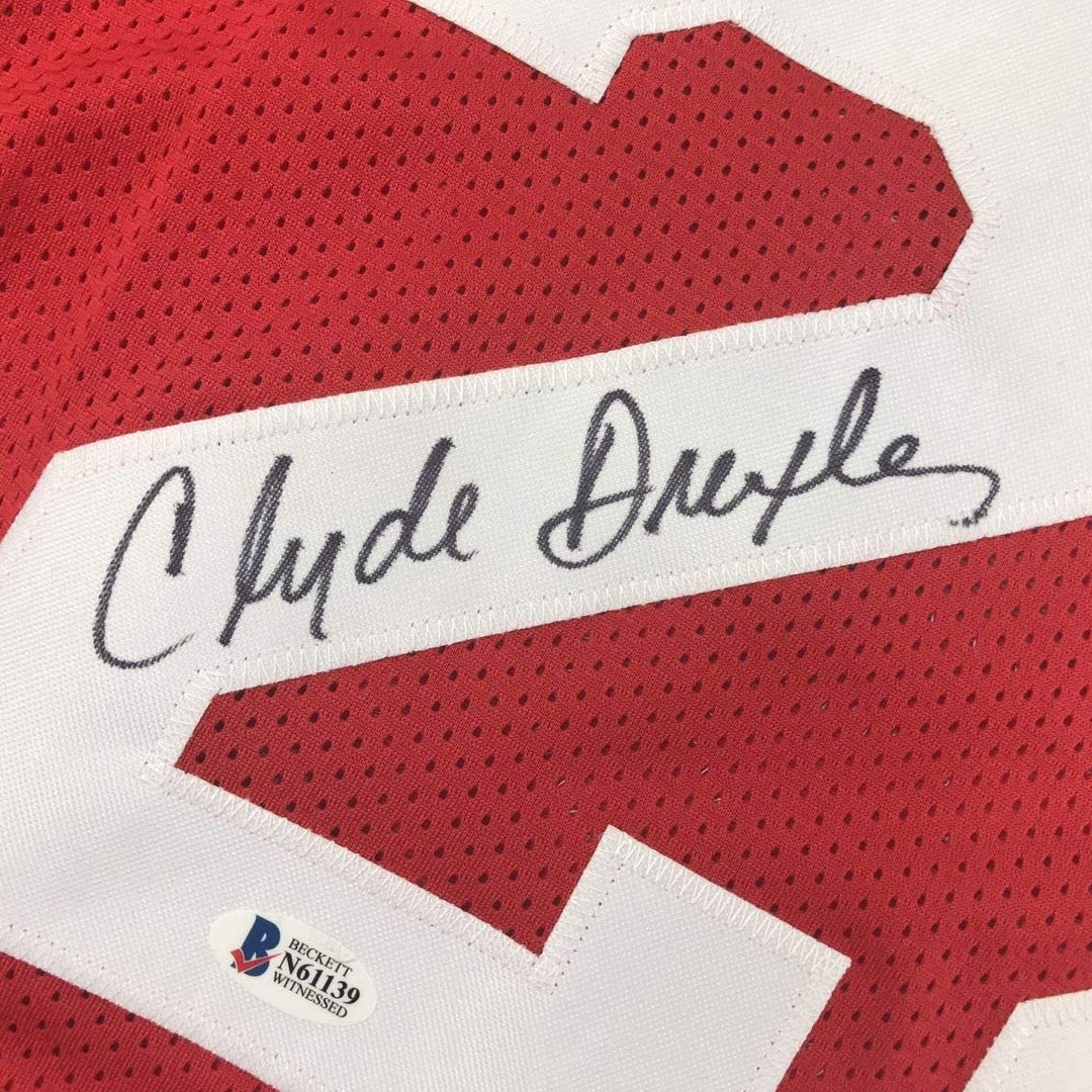 Autographed/Signed Clyde Drexler Houston Red Jersey Beckett BAS COA