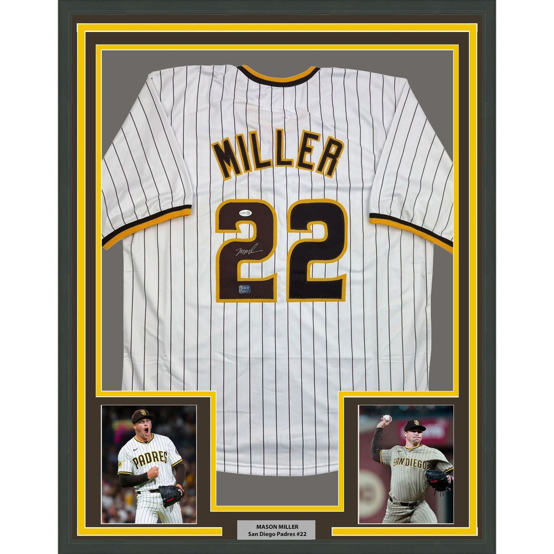 Framed Autographed/Signed Mason Miller 35x39 San Diego Pin Jersey JSA COA